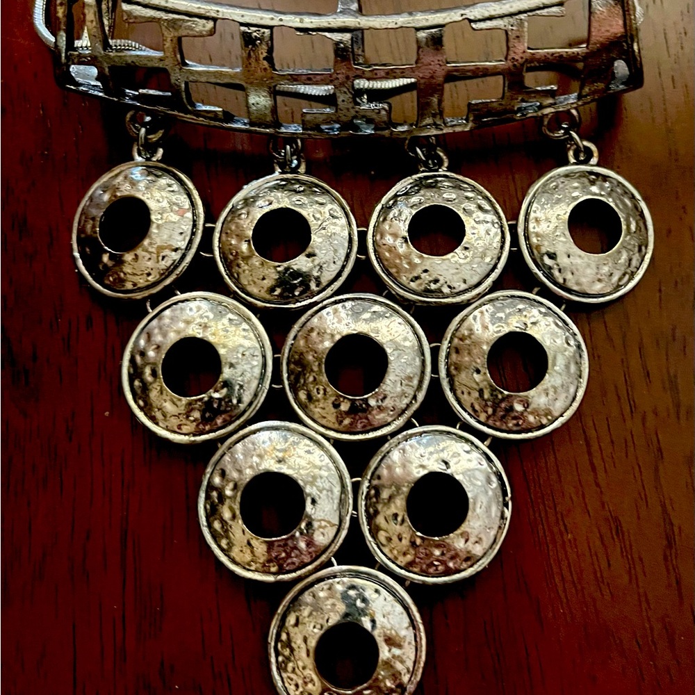 NECKLACE~Silver statement Necklace on long silver chain.